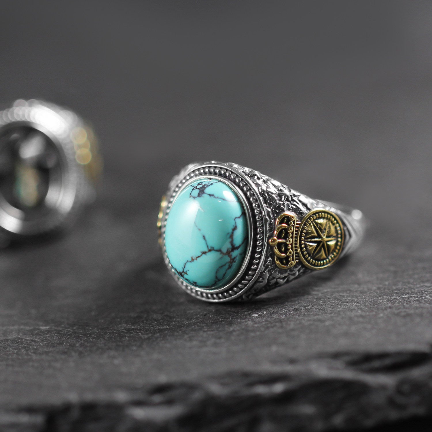 Crown Compass Oval Turquoise 925 Sterling Silver Ring