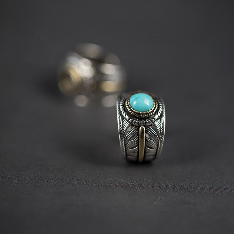 Vintage Indian Engraved Feather Natural Turquoise Ring