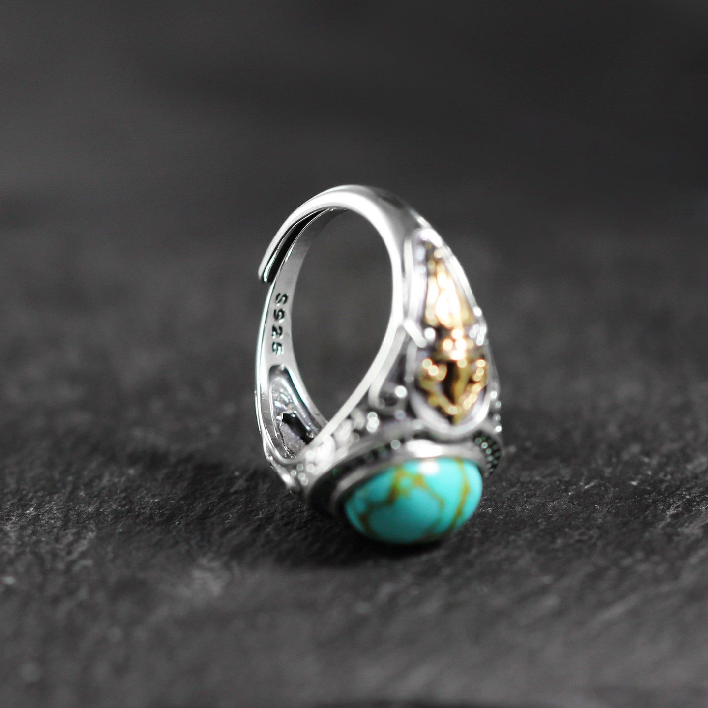 925 Sterling Silver Cross‑Sword Turquoise Signet Ring
