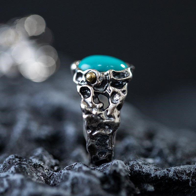 925 Sterling Silver Irregular Hollow Turquoise Statement Ring