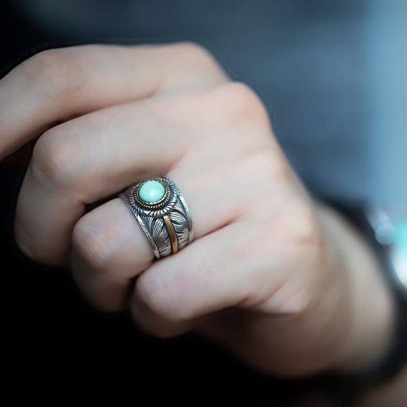 Vintage Indian Engraved Feather Natural Turquoise Ring