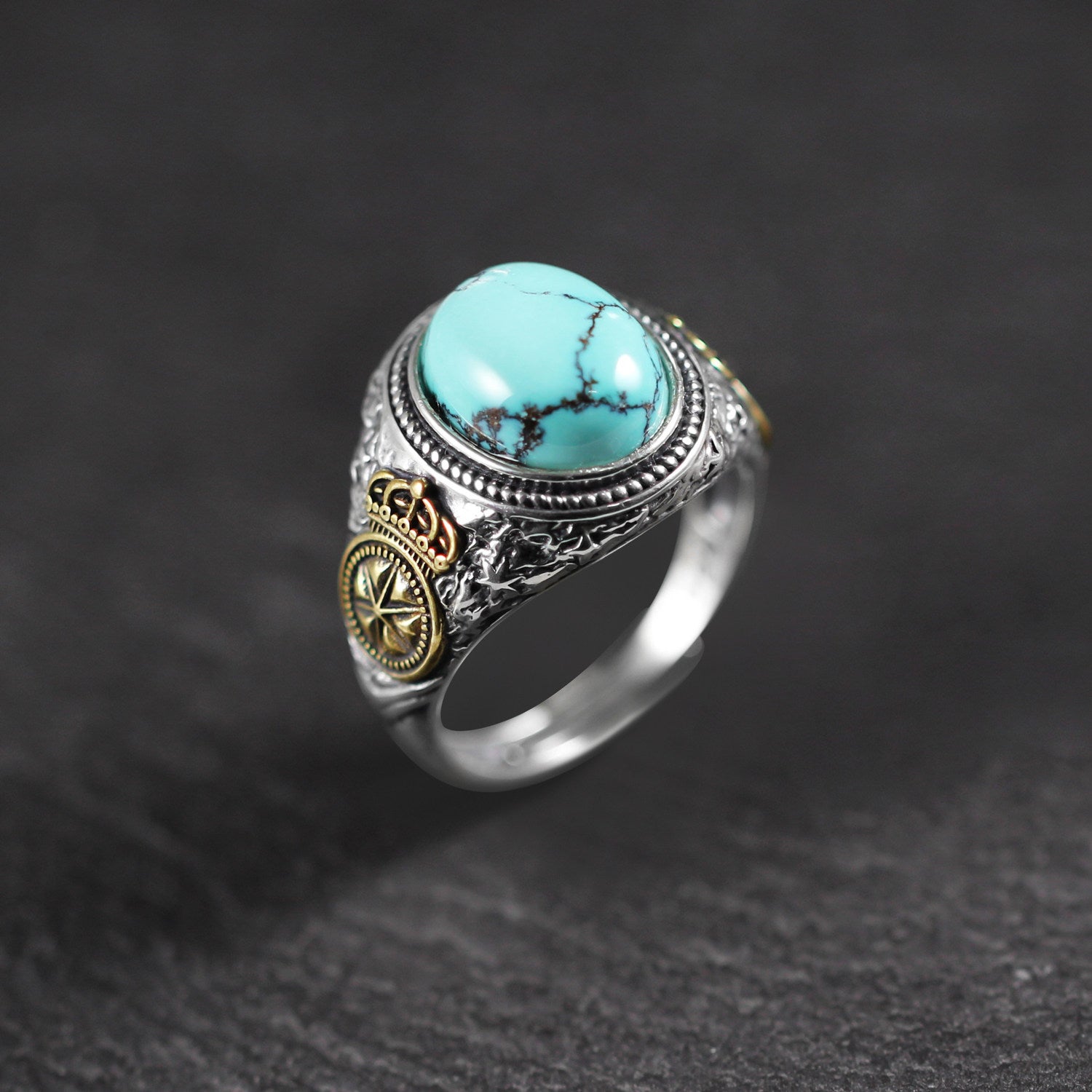 Crown Compass Oval Turquoise 925 Sterling Silver Ring
