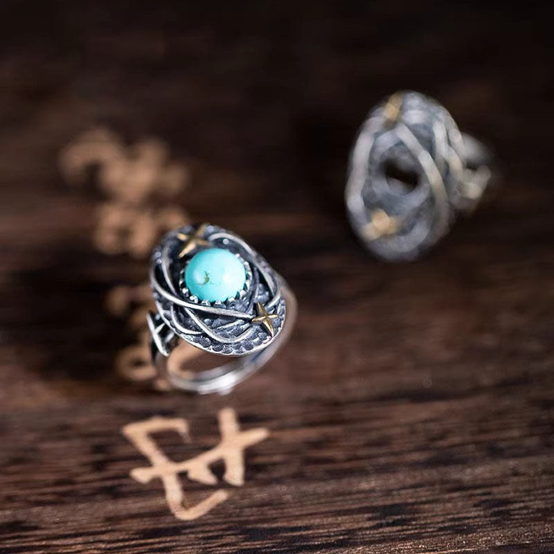 Celestial Starburst Turquoise Ring, 925 Sterling Silver