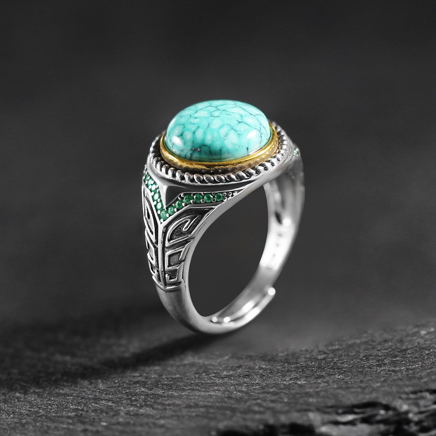 925 Sterling Silver Tribal Geometric Turquoise Signet Ring