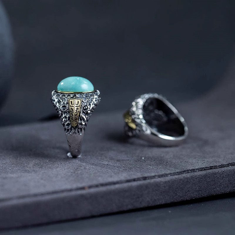 Vintage Chinese Totem Wide‑Band Ring 925 Sterling Silver