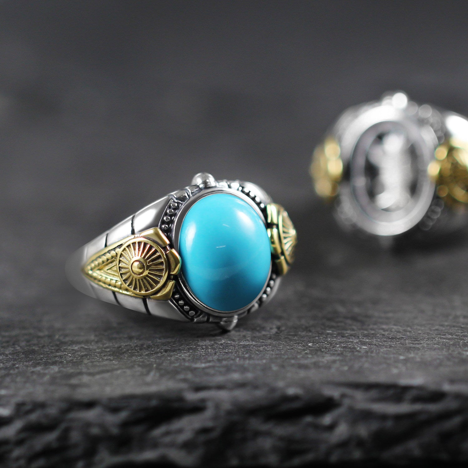Sun Motif Round Turquoise 925 Sterling Silver Ring