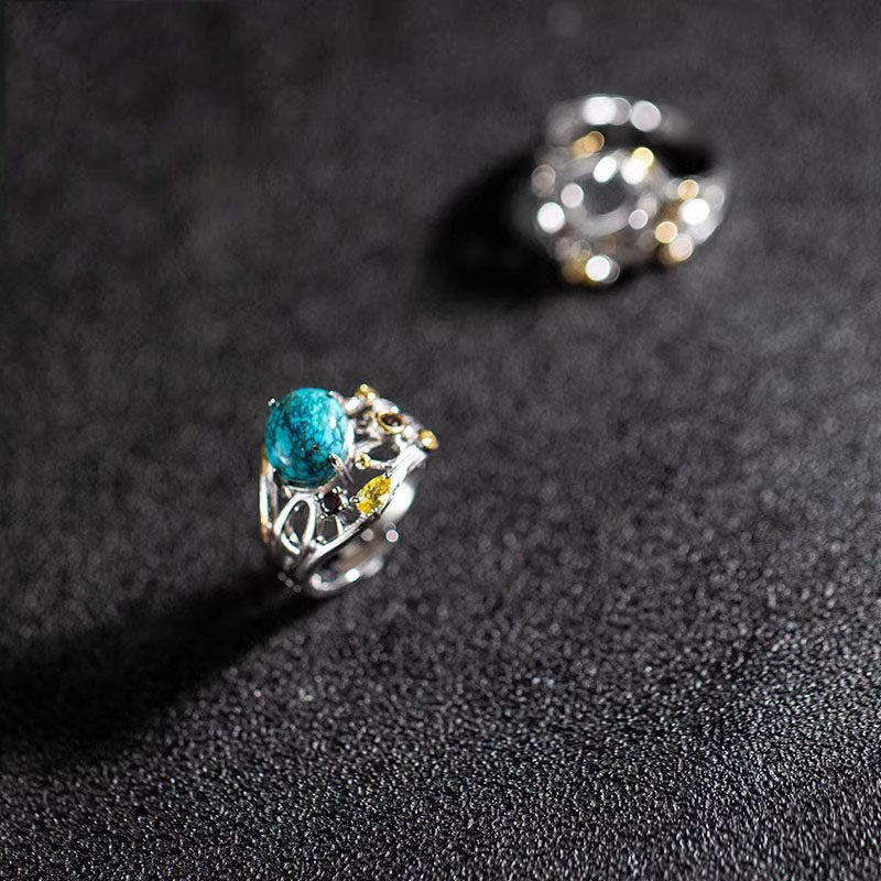 925 Sterling Silver Open‑Vine Turquoise Ring