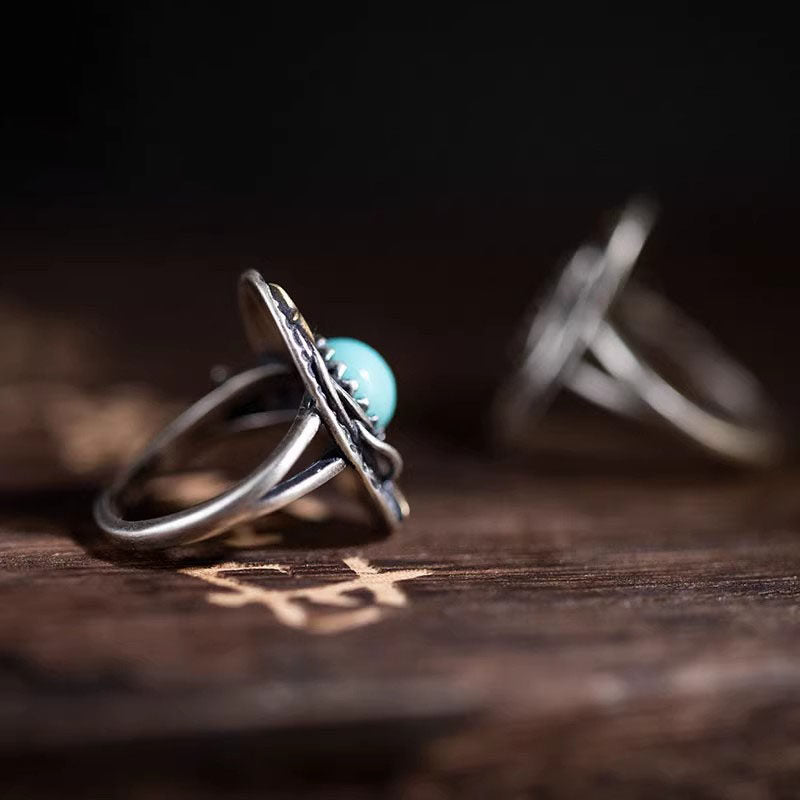 Celestial Starburst Turquoise Ring, 925 Sterling Silver