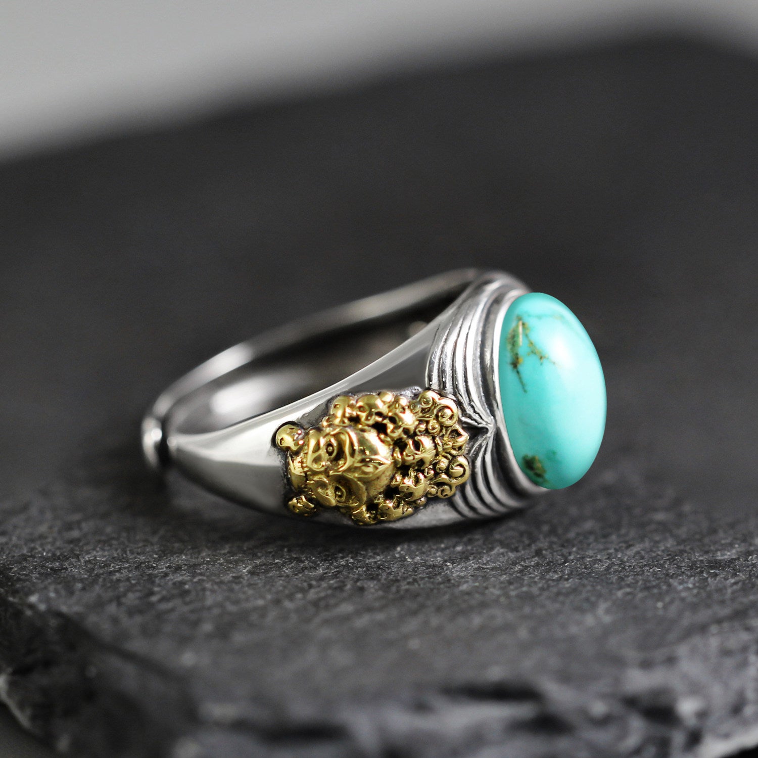 Eastern Myth Two‑Tone Turquoise Signet Ring 925 Sterling Silver