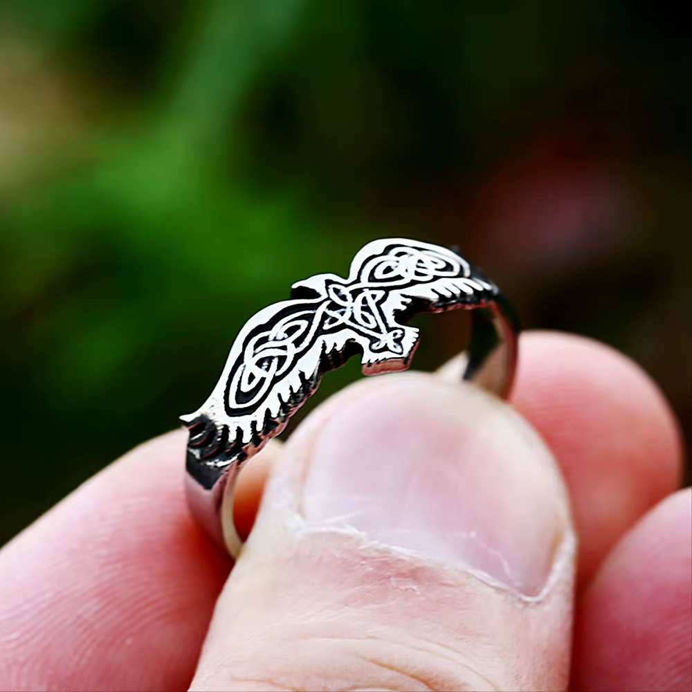 Viking Celtic Knot Raven Stainless Steel Slim Ring