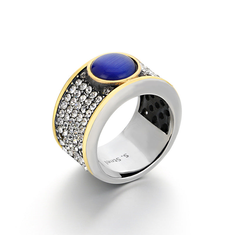 Blue Cat Eye Pave Stainless Steel Ring