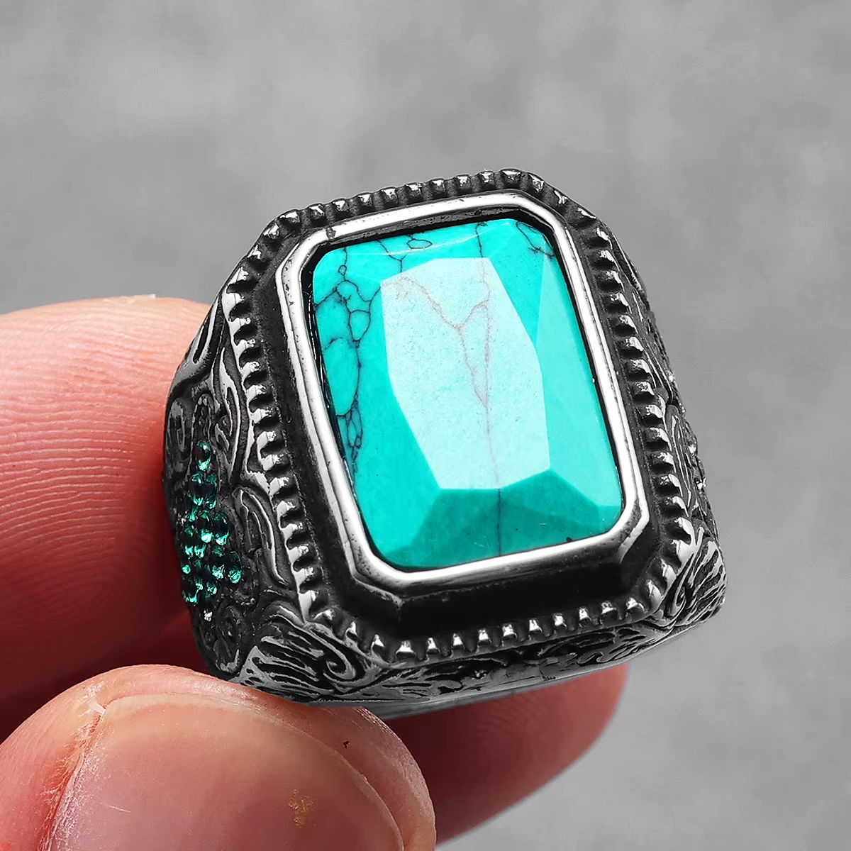 Carved Multi‑Gem Stainless Steel Ring