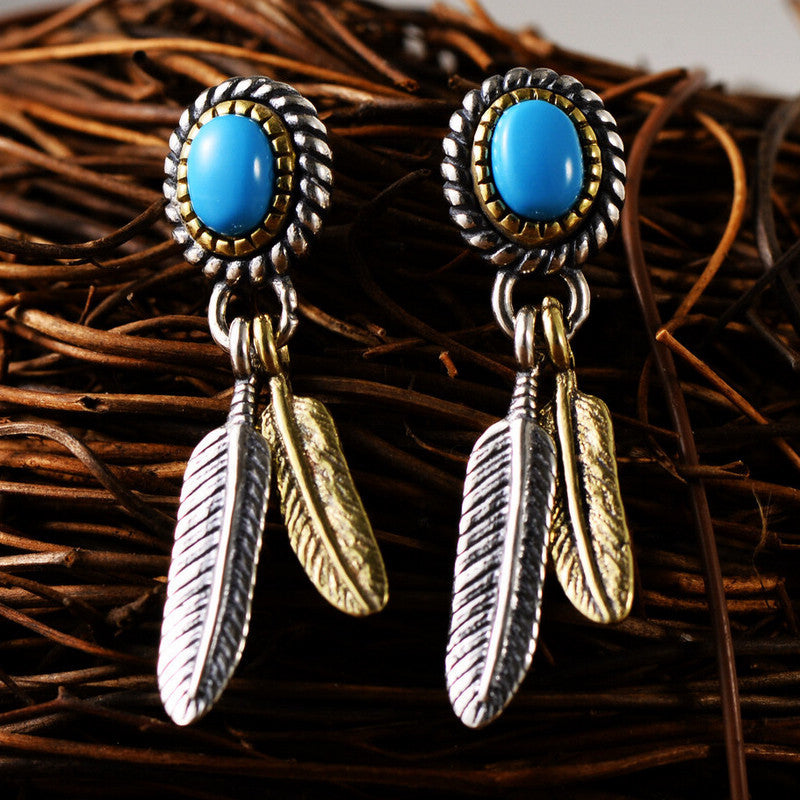 Indian Feather Inlaid Turquoise Earrings
