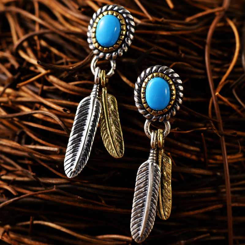 Indian Feather Inlaid Turquoise Earrings