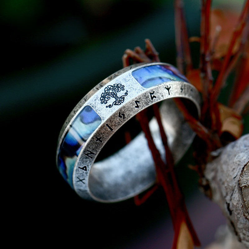 Vintage Tree of Life Rune Stainless Steel Shell Ring