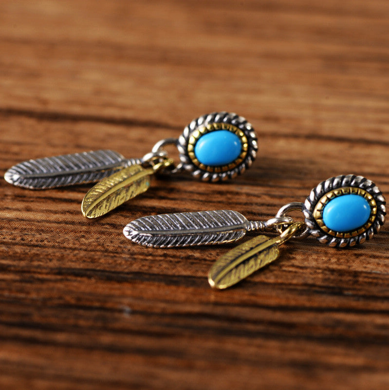 Indian Feather Inlaid Turquoise Earrings