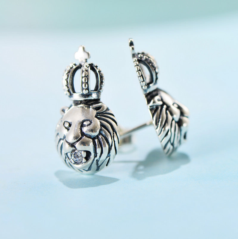 Crown Lion Head Stud Earrings