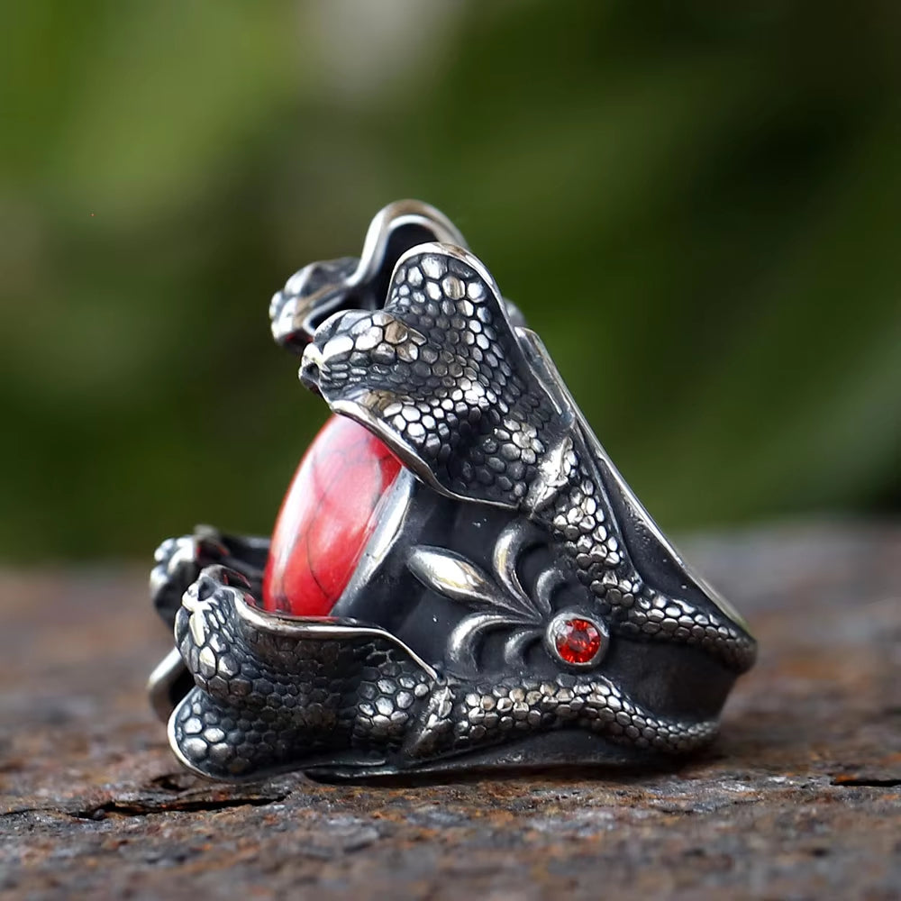 Four Cobra Head Red Stone Stainless Steel Ring