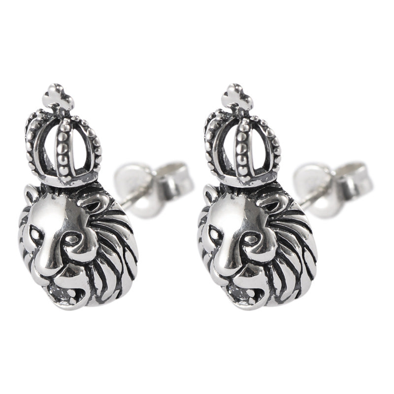 Crown Lion Head Stud Earrings