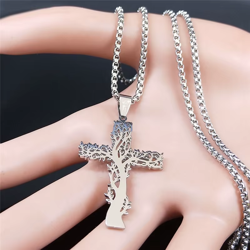 Cut‑Out Tree‑Cross Stainless Steel Pendant