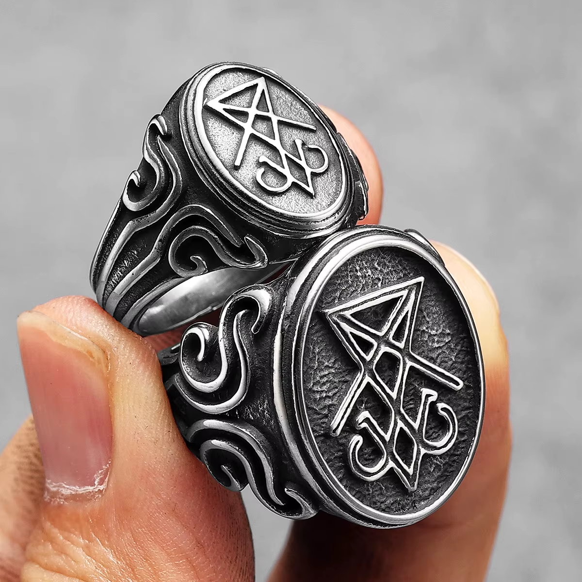 Sigil of Lucifer Scrollwork Stainless Steel Ring