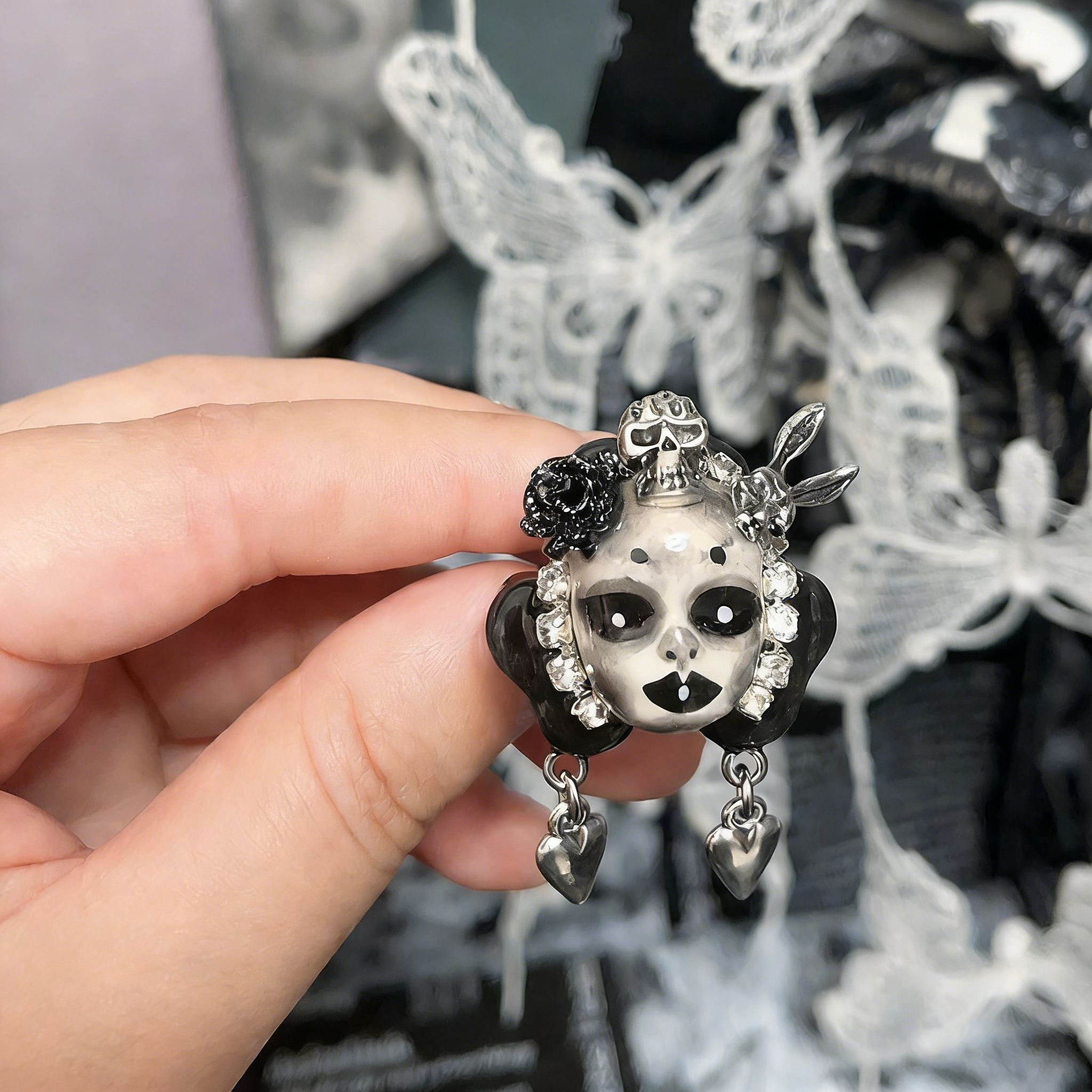 Black and White Skull Bunny Rose Ring