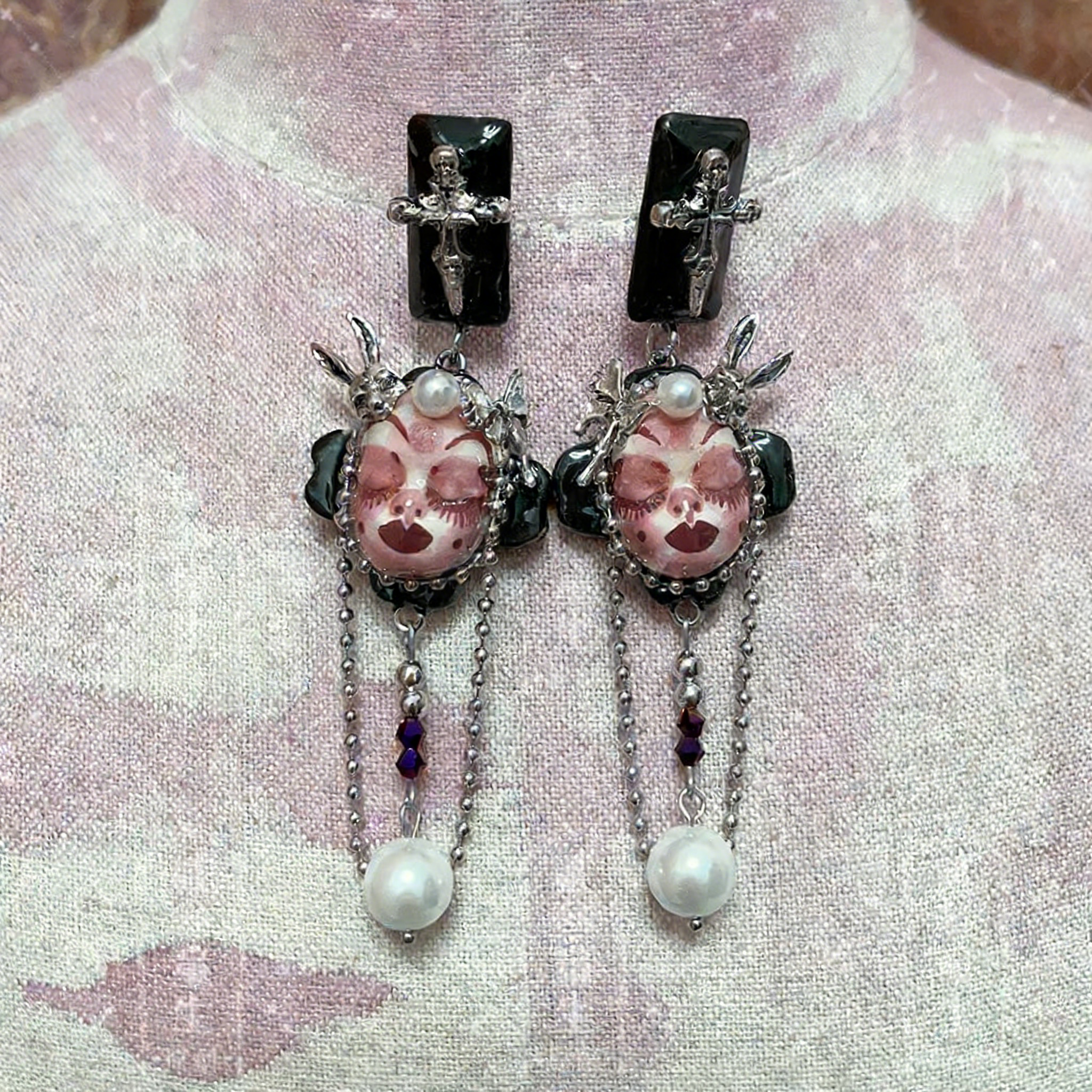 Skull Bunny Cross Earrings