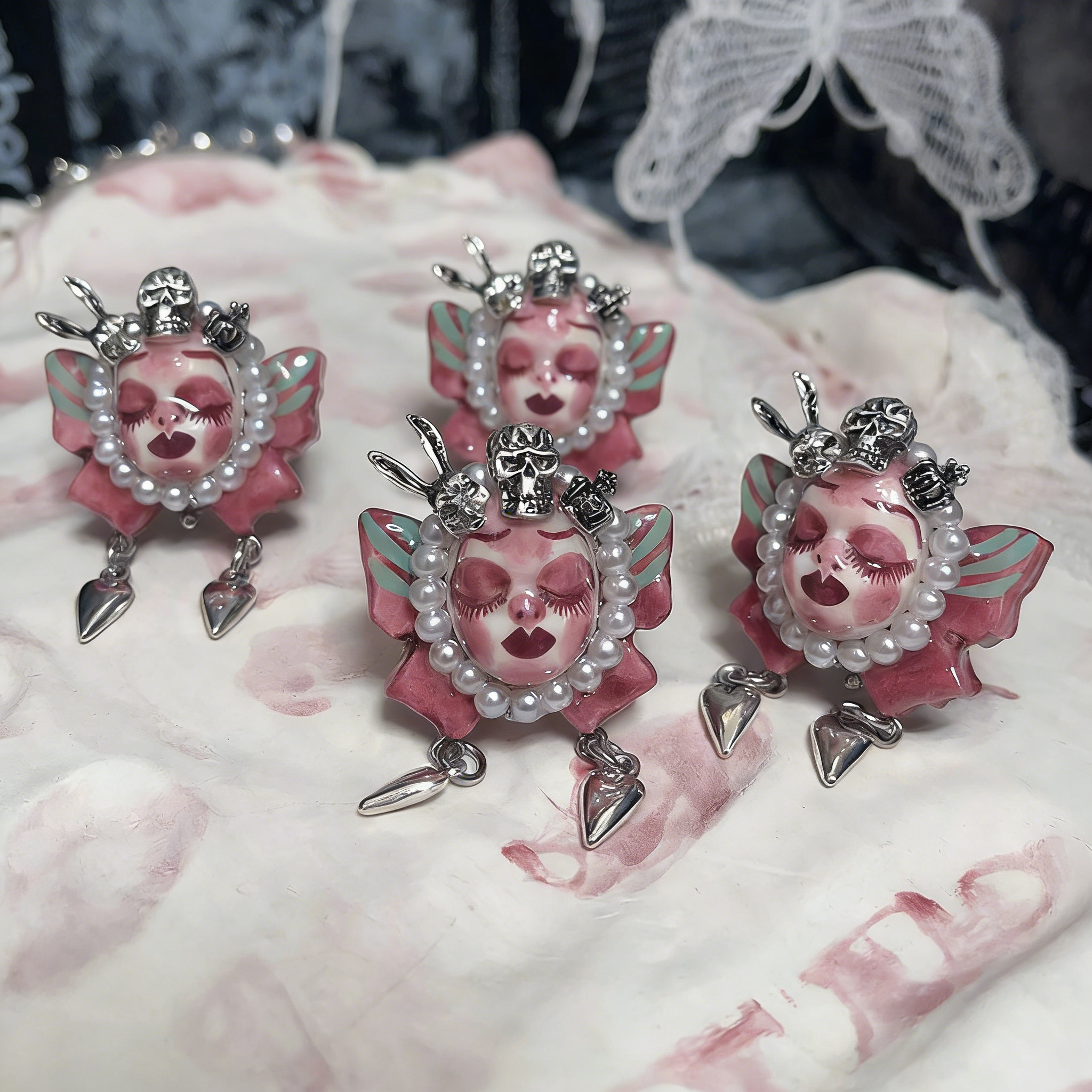 Pink Butterfly Bunny Skull Ring