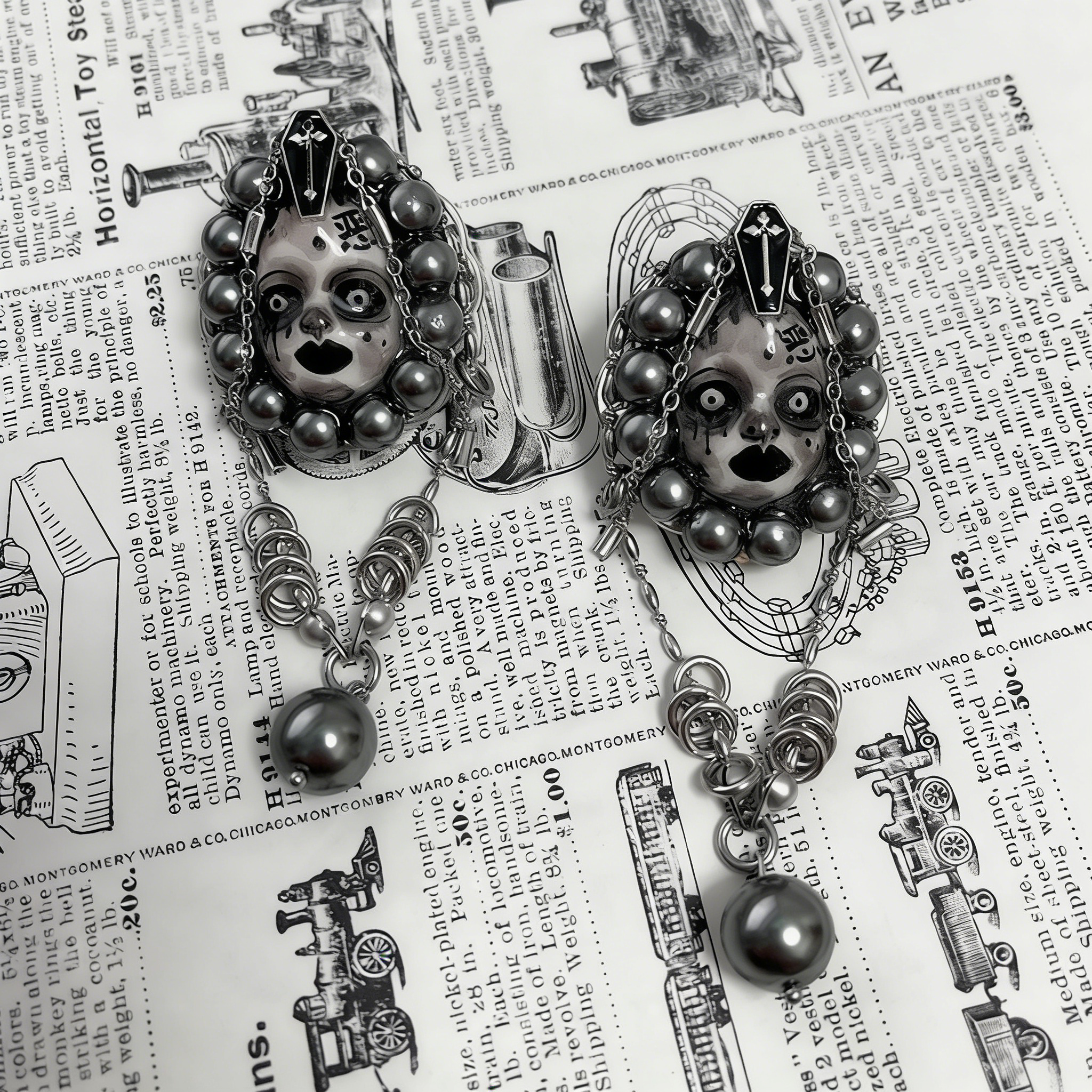 Evil Face Beaded Chain Earrings