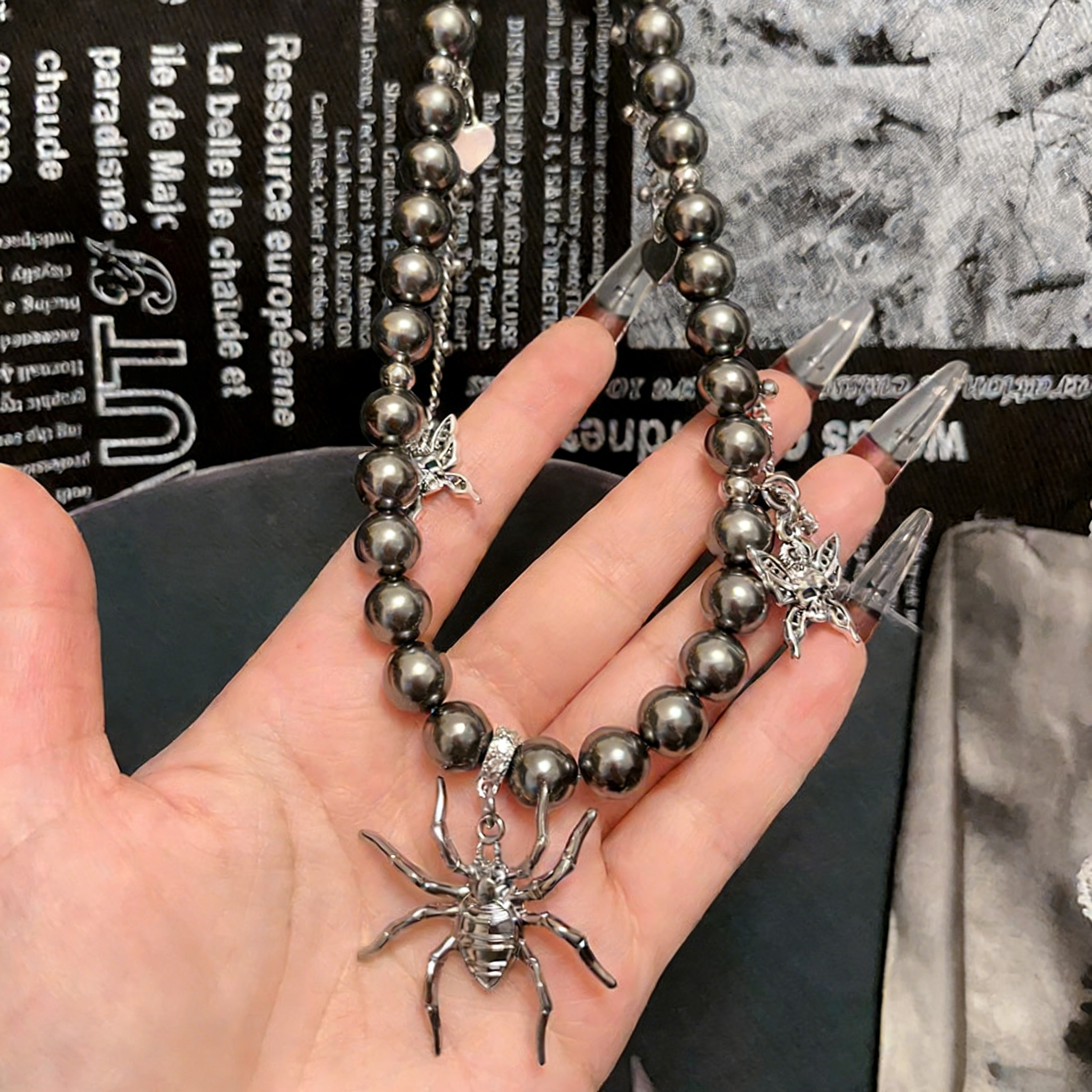 Black Spider Silver Wing Necklace