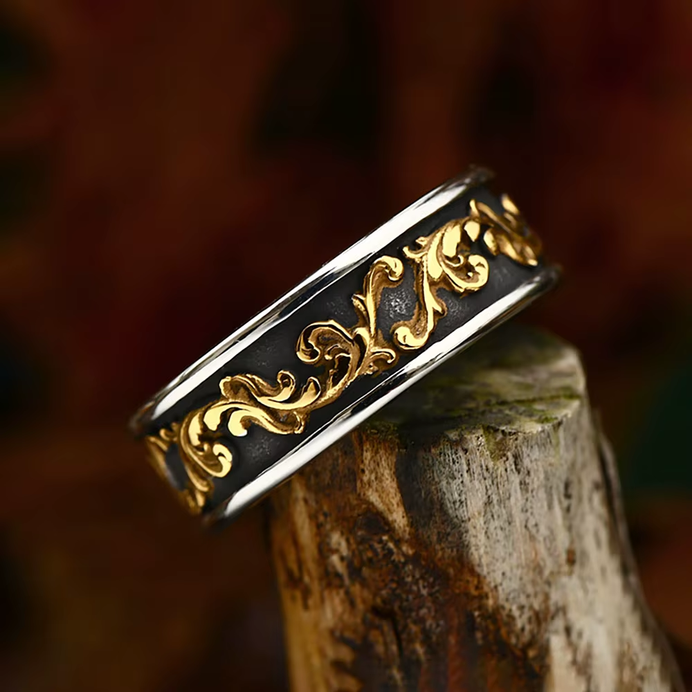 Vintage Gold Floral Scroll Wide Band Stainless Steel Ring