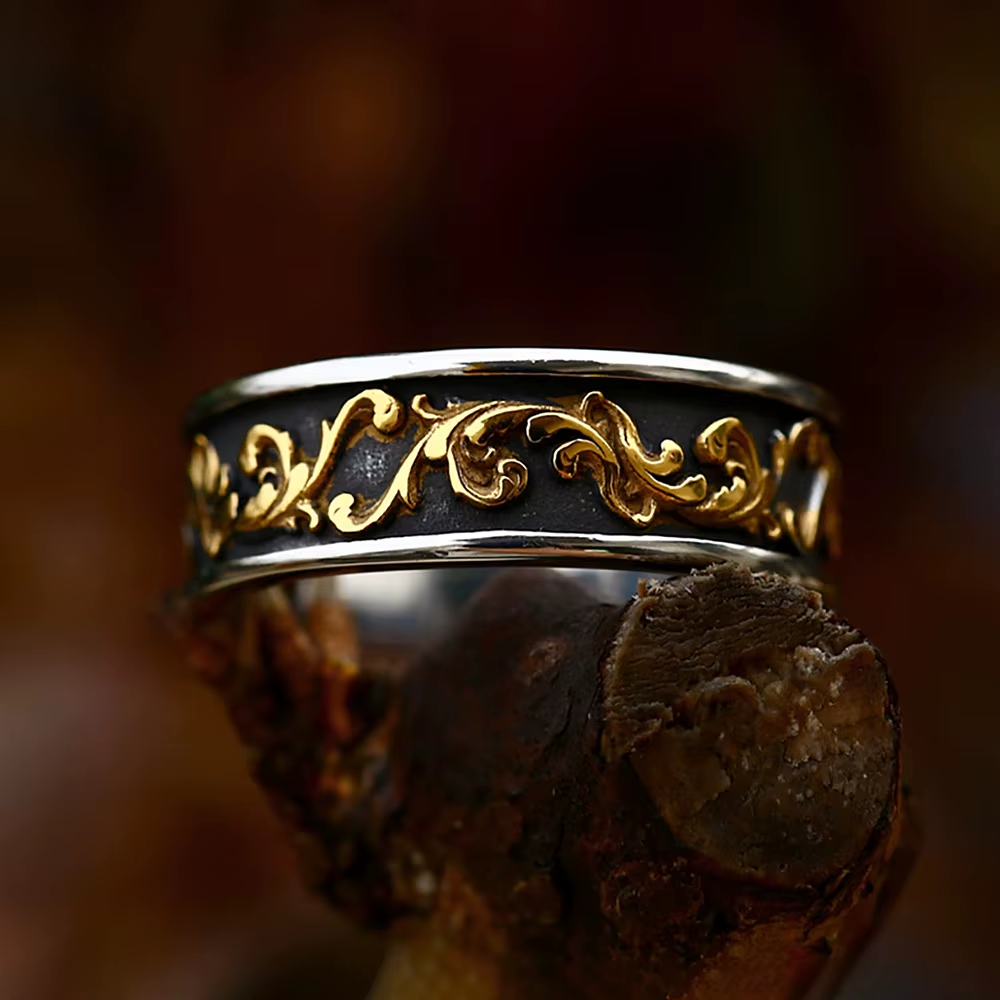 Vintage Gold Floral Scroll Wide Band Stainless Steel Ring