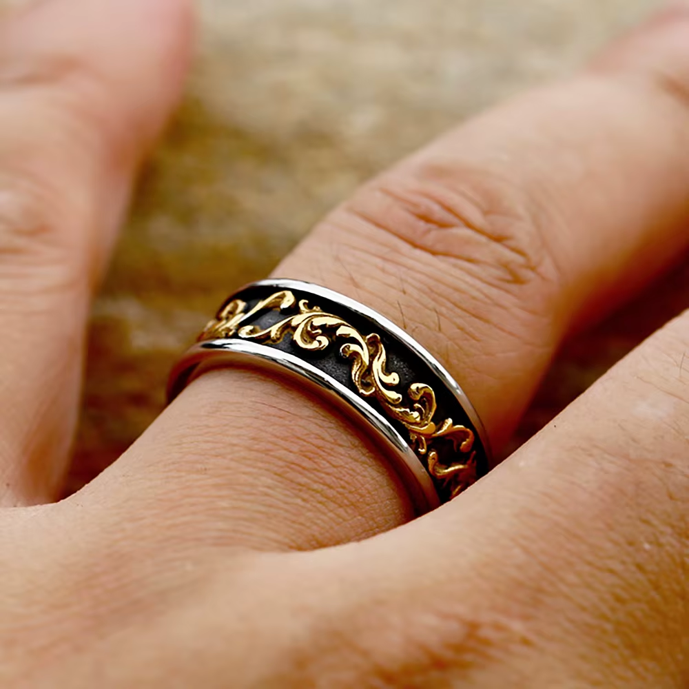 Vintage Gold Floral Scroll Wide Band Stainless Steel Ring