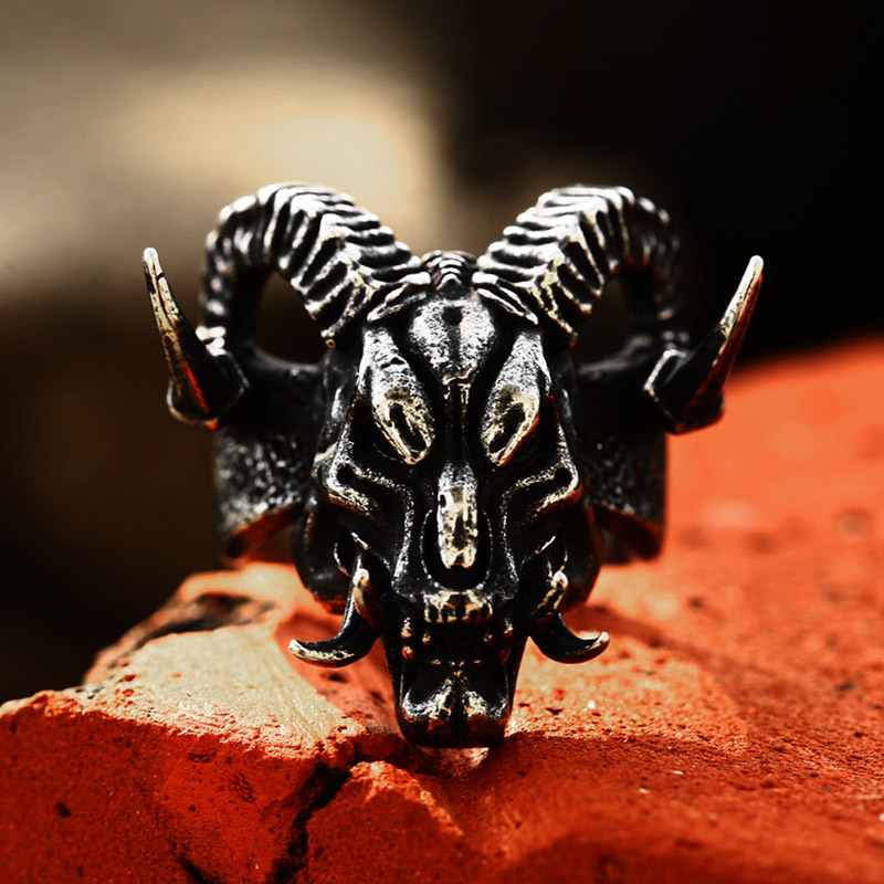 Goat Skull Horned Stainless Steel Ring