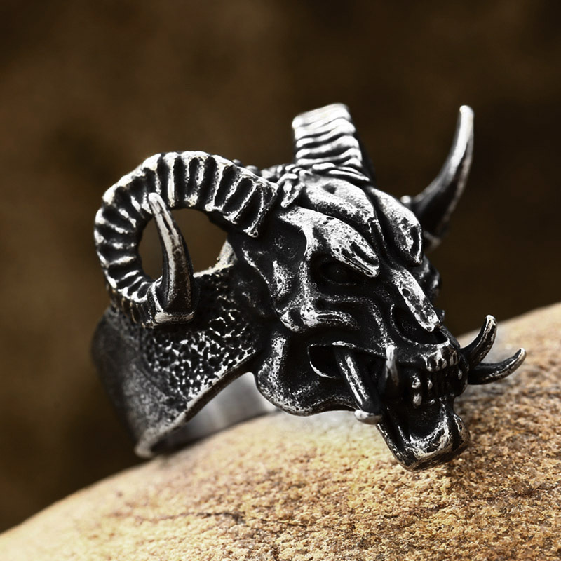 Goat Skull Horned Stainless Steel Ring