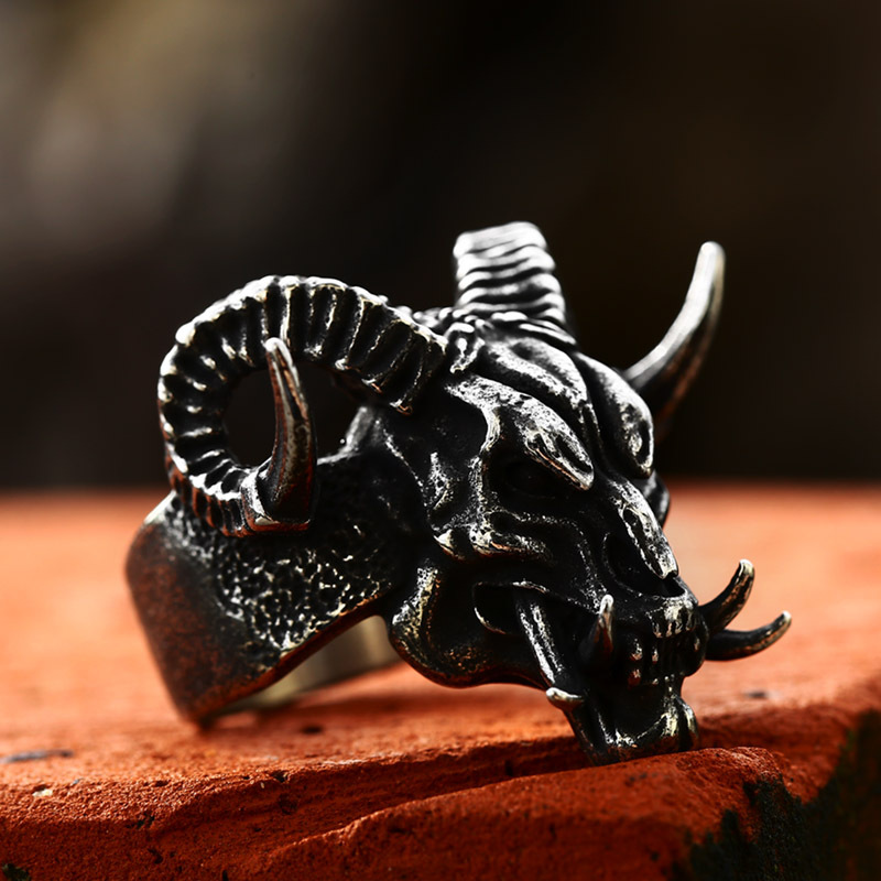 Goat Skull Horned Stainless Steel Ring