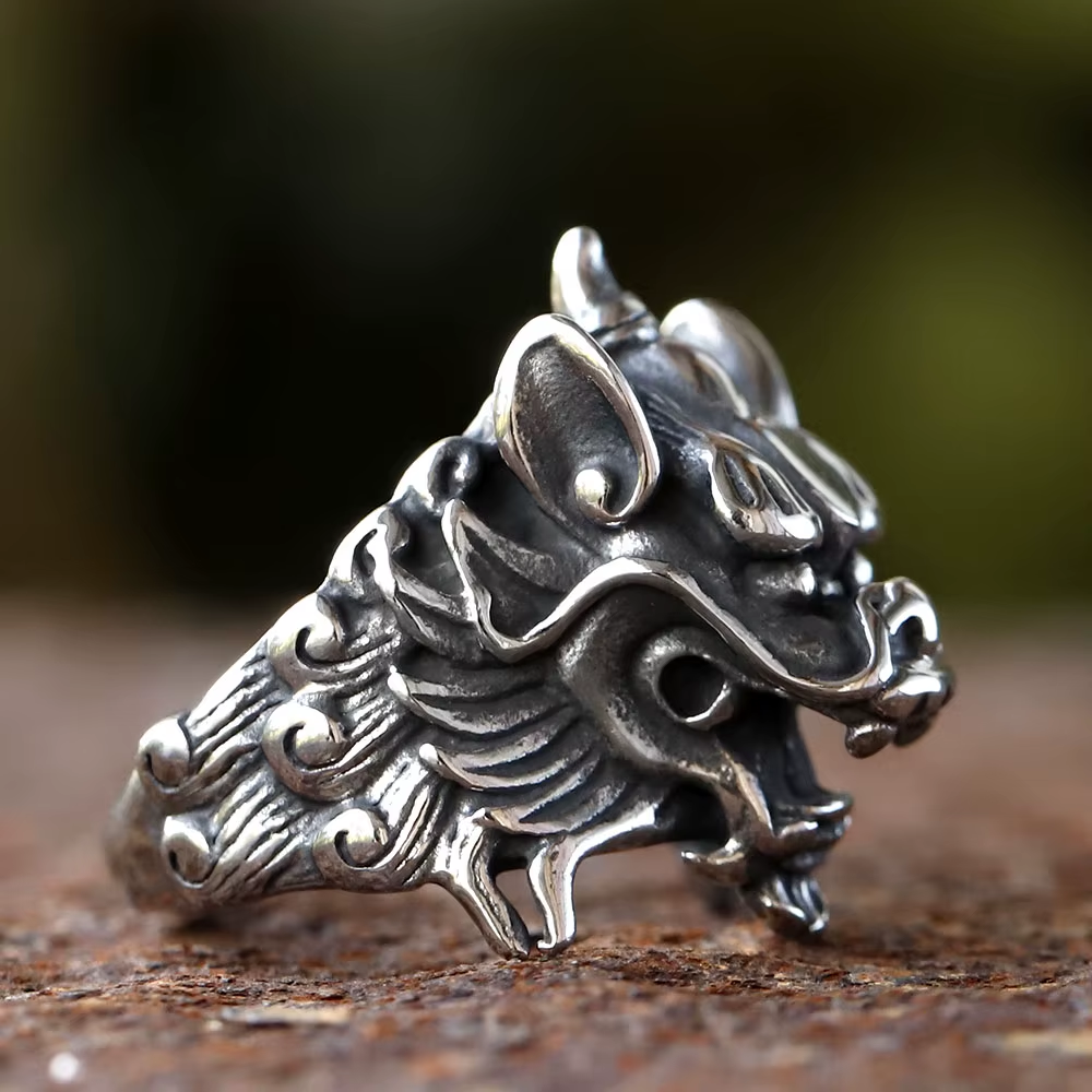 Mythical Qilin Beast Head Stainless Steel Ring