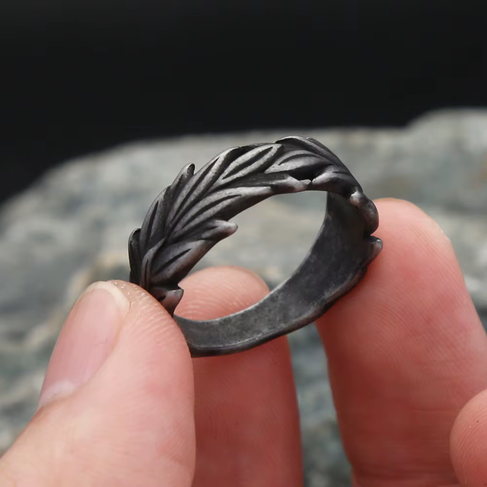 Twisted Feather Carved Stainless Steel Ring