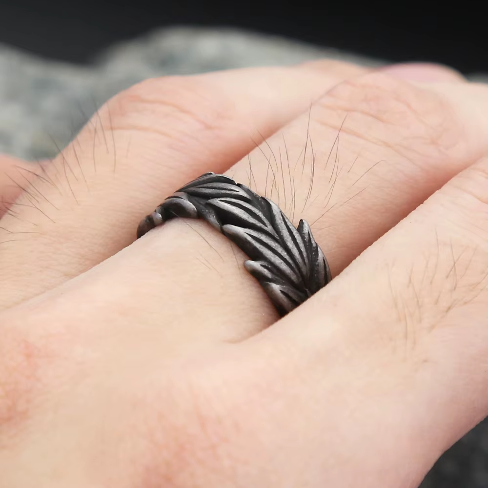 Twisted Feather Carved Stainless Steel Ring