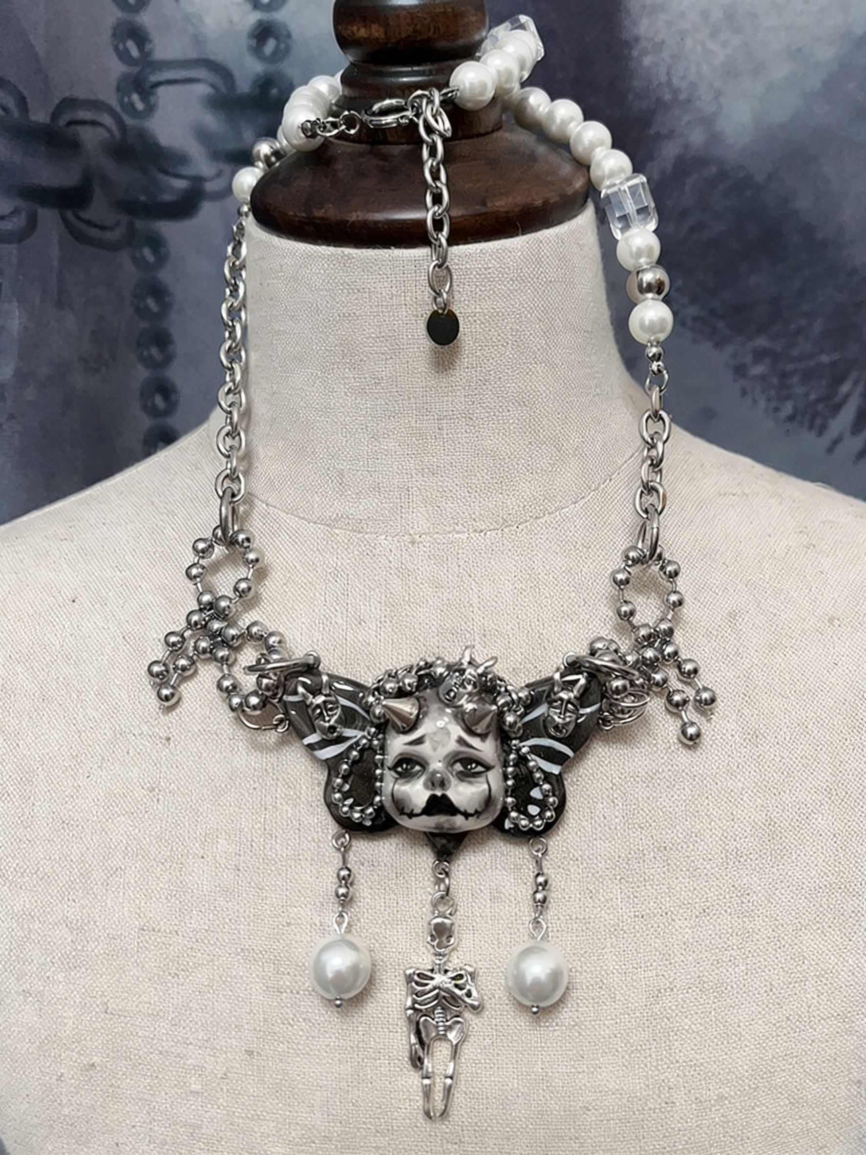 Horned Skeleton Butterfly Gothic Doll Necklace