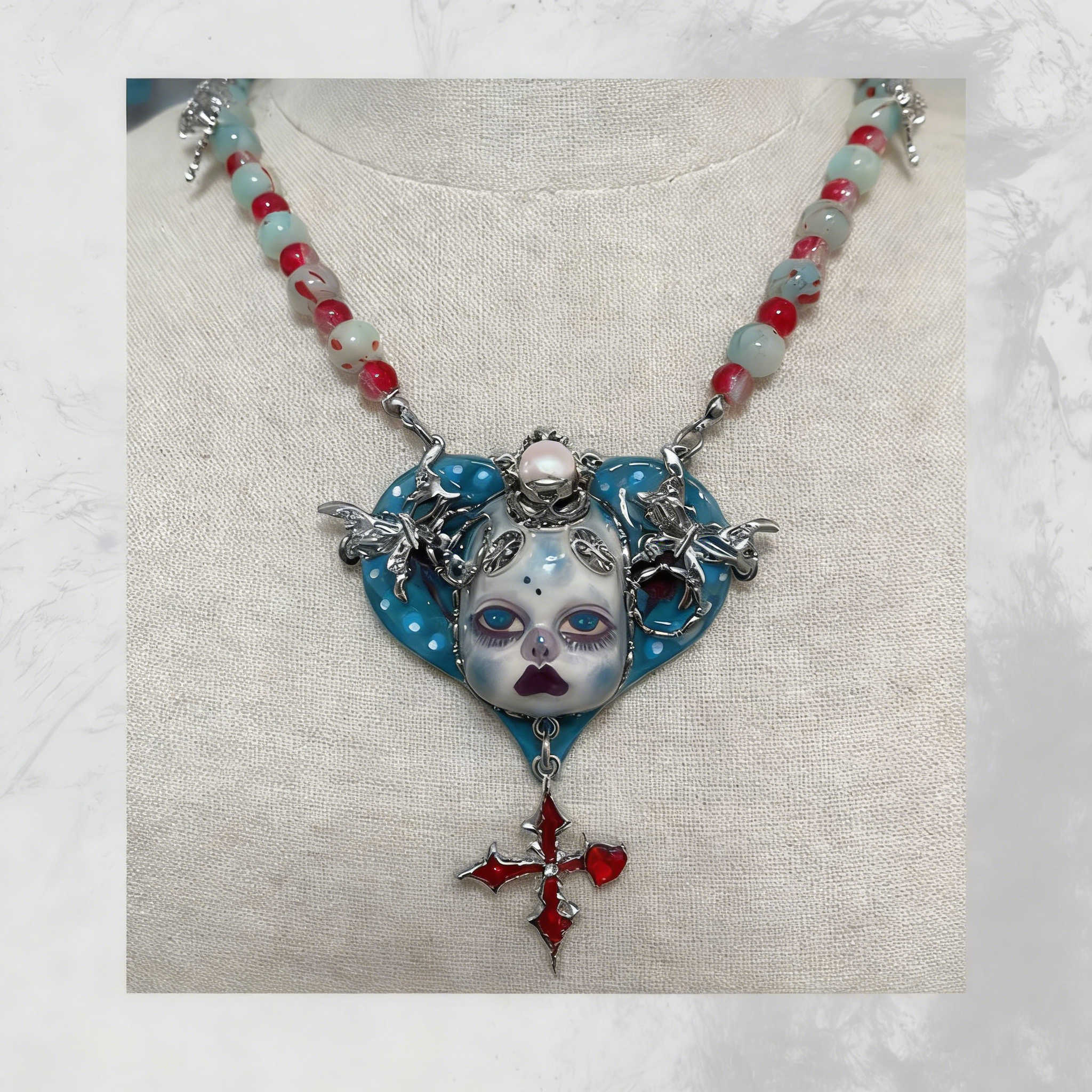 Blue Heart Puppet Gothic Doll Necklace