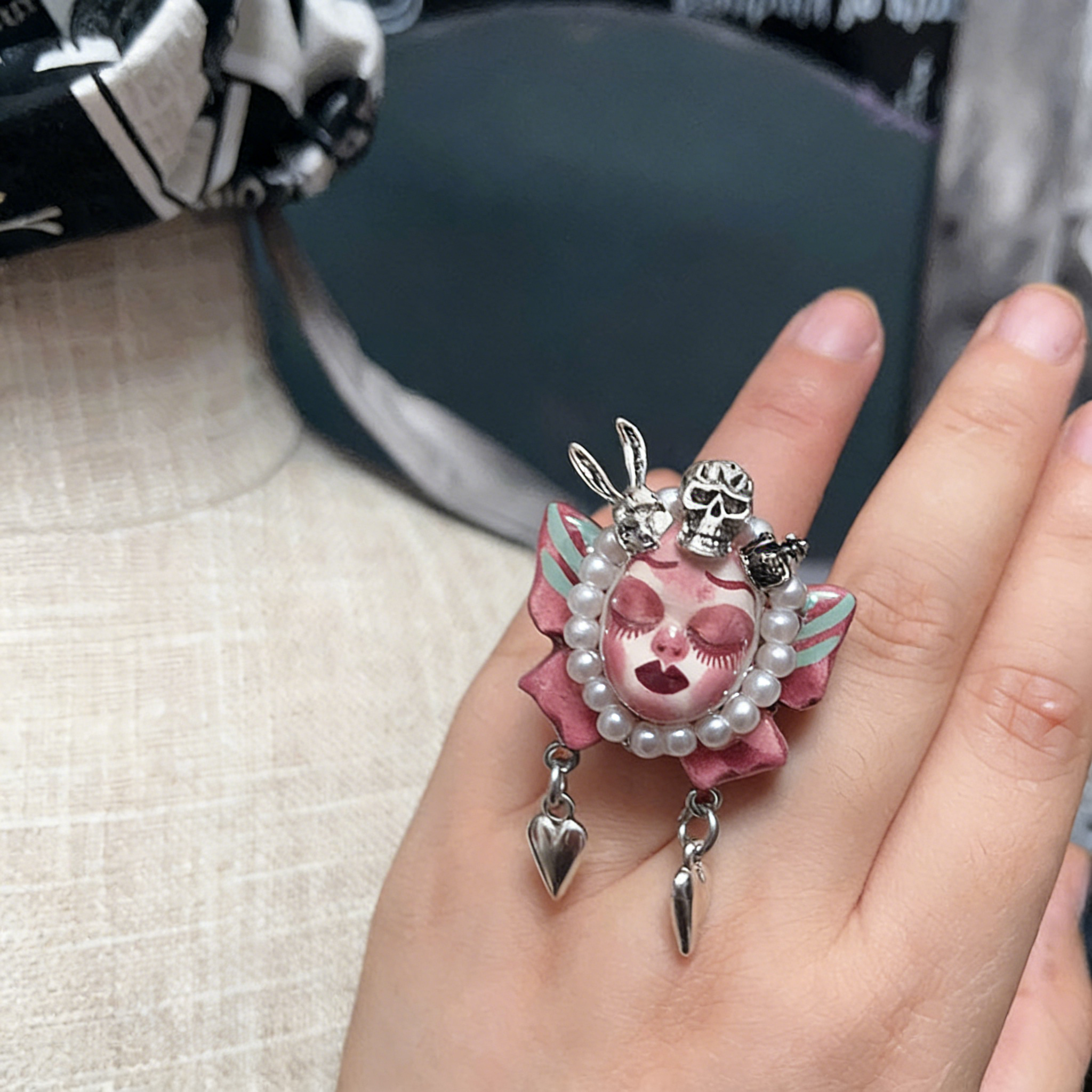 Pink Butterfly Bunny Skull Ring