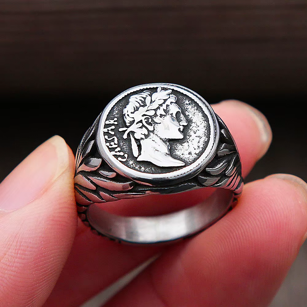 Vintage Caesar Coin Signet Stainless Steel Ring