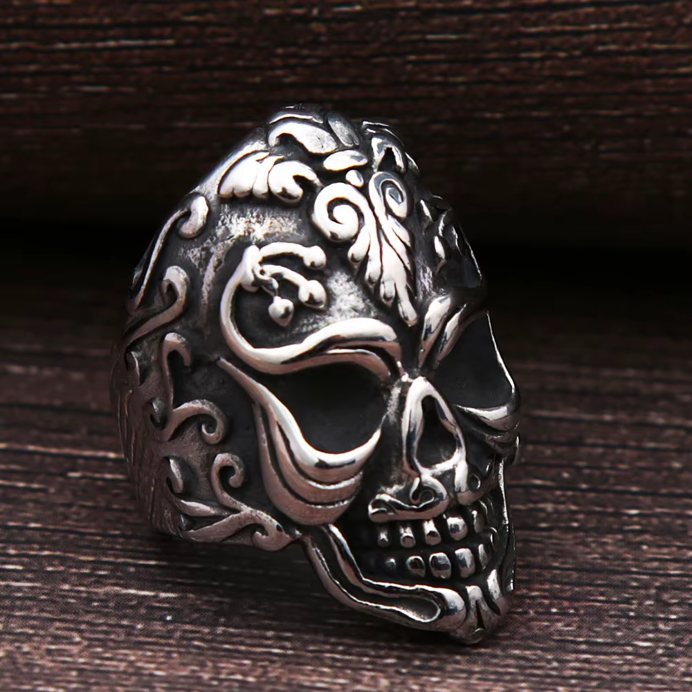 Vintage Floral Sugar Skull Stainless Steel Ring