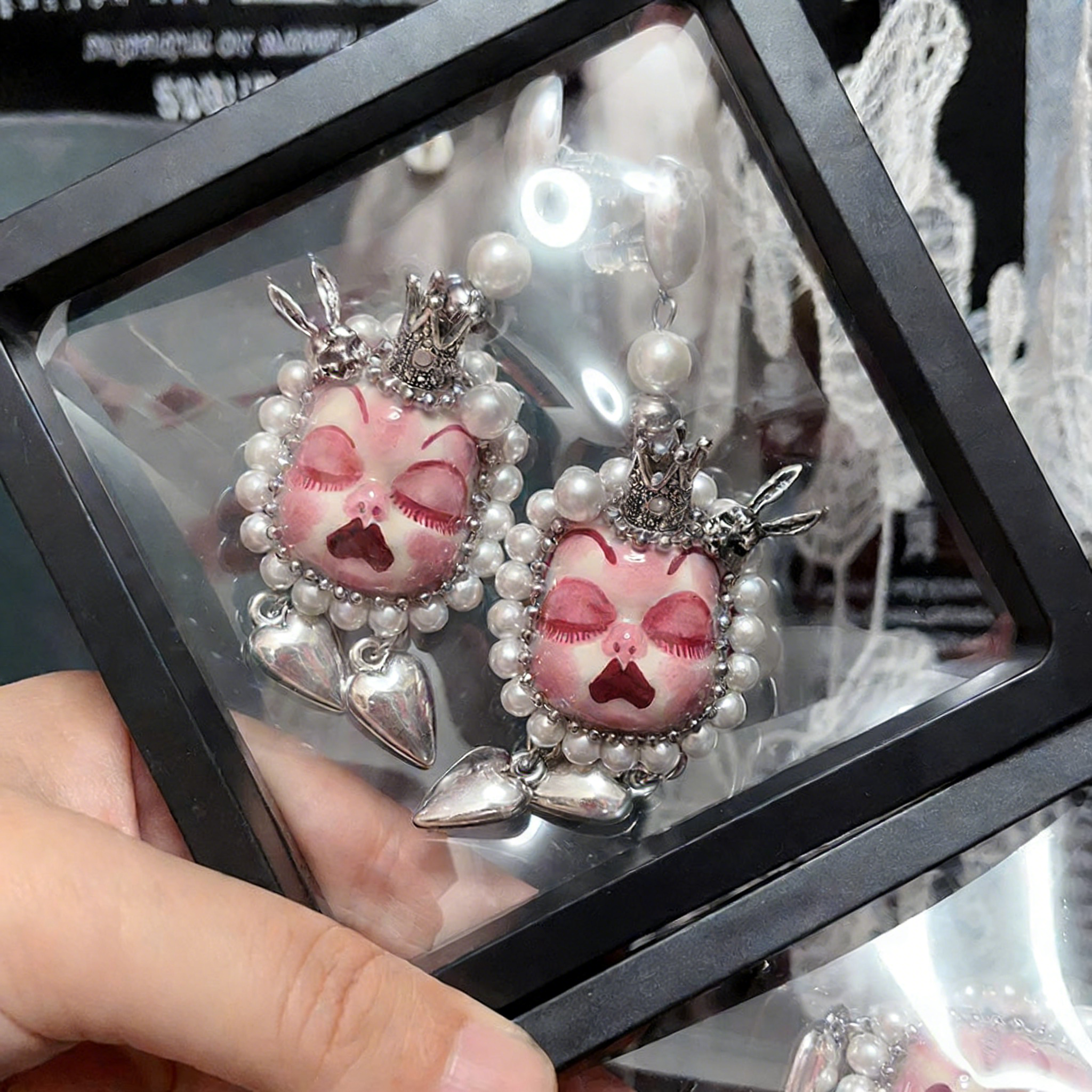 Pink Crown Bunny Heart Freak Baby Earrings