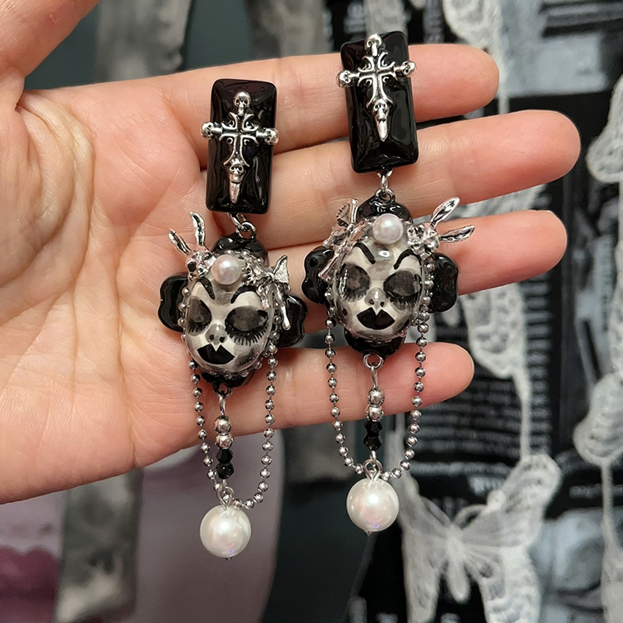 Skull Bunny Cross Earrings