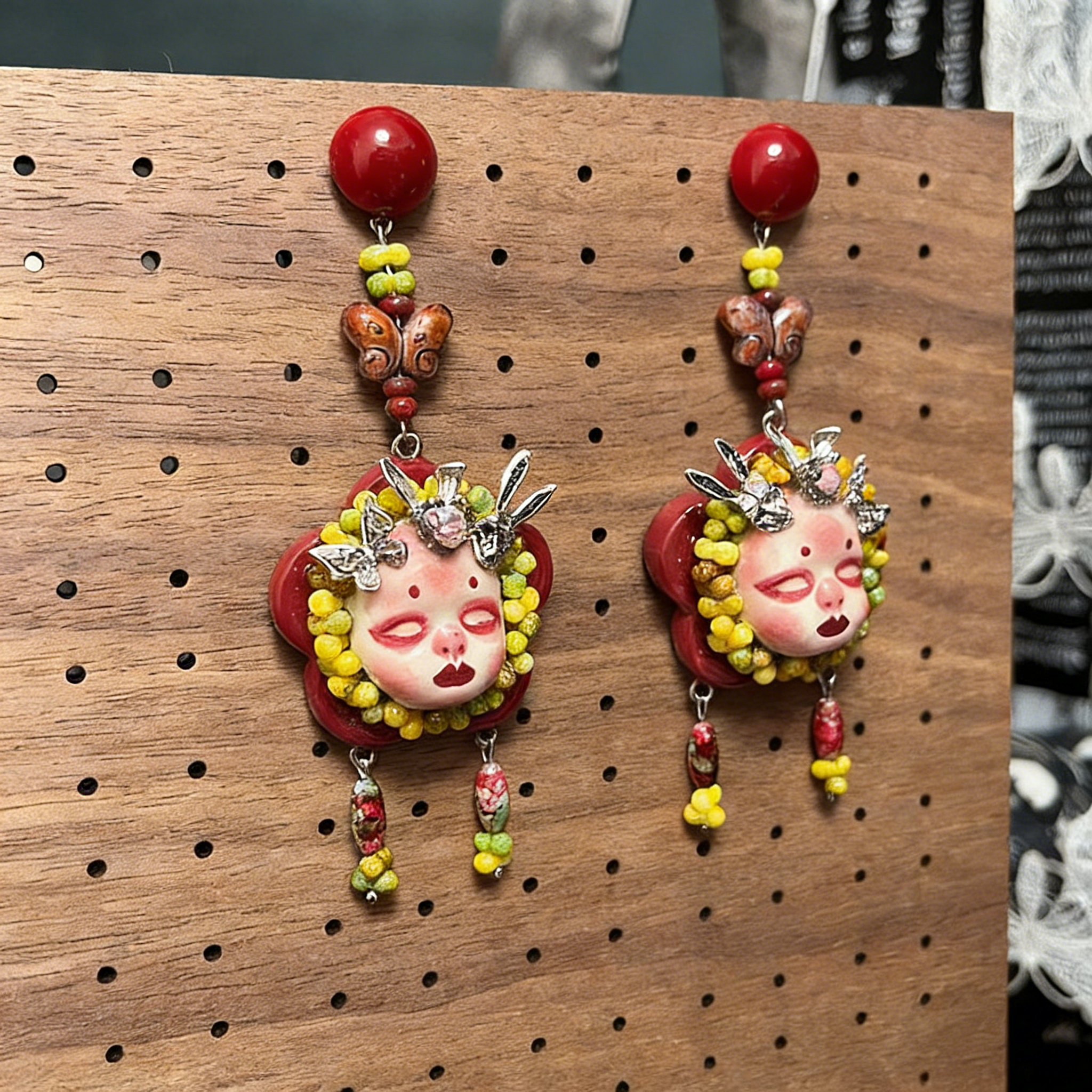 Red Butterfly Bunny Ear Freak Baby Earrings