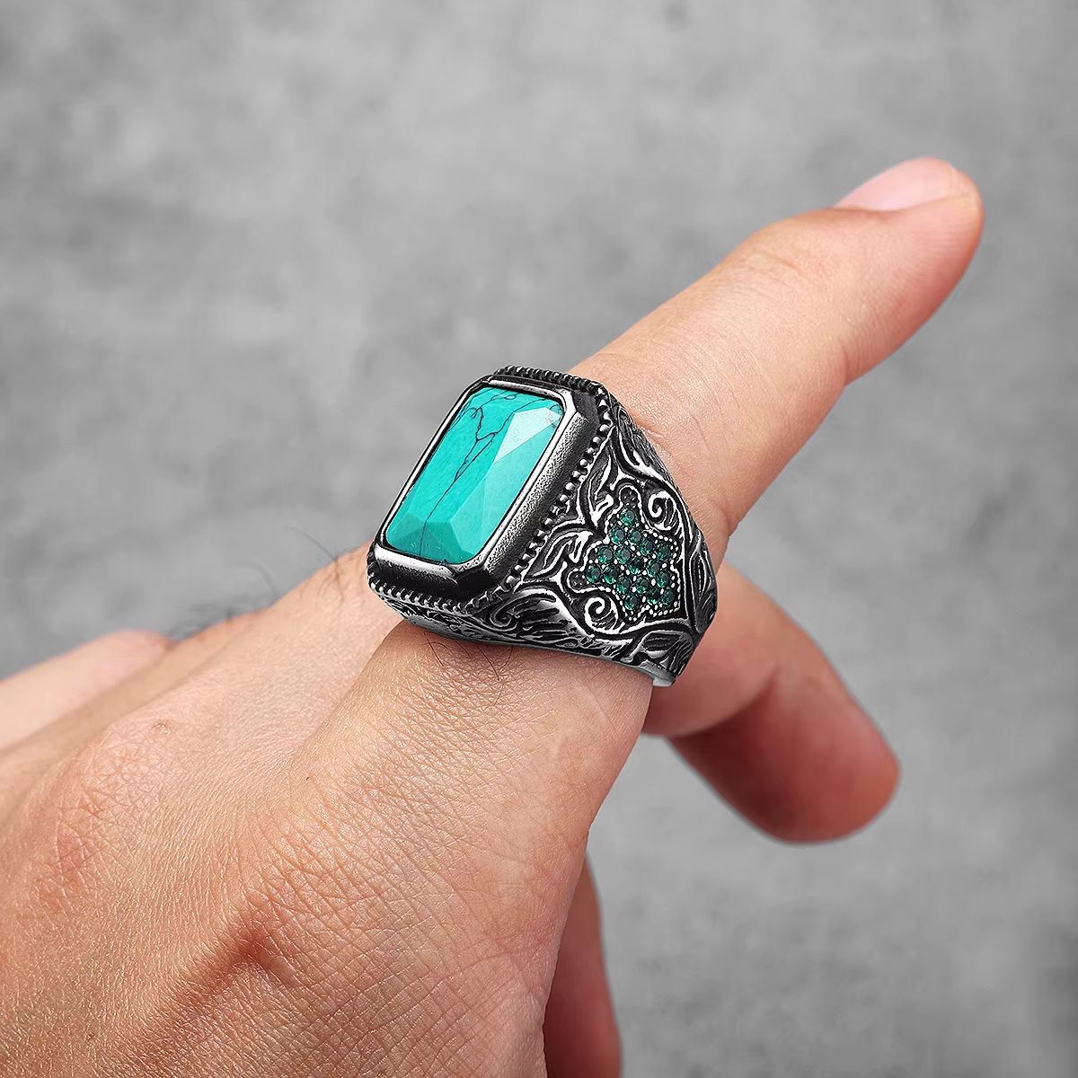 Carved Multi‑Gem Stainless Steel Ring