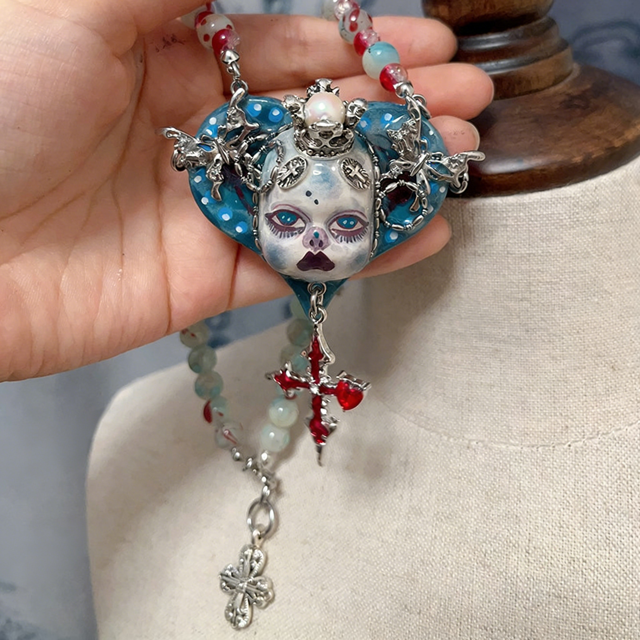 Blue Heart Puppet Gothic Doll Necklace