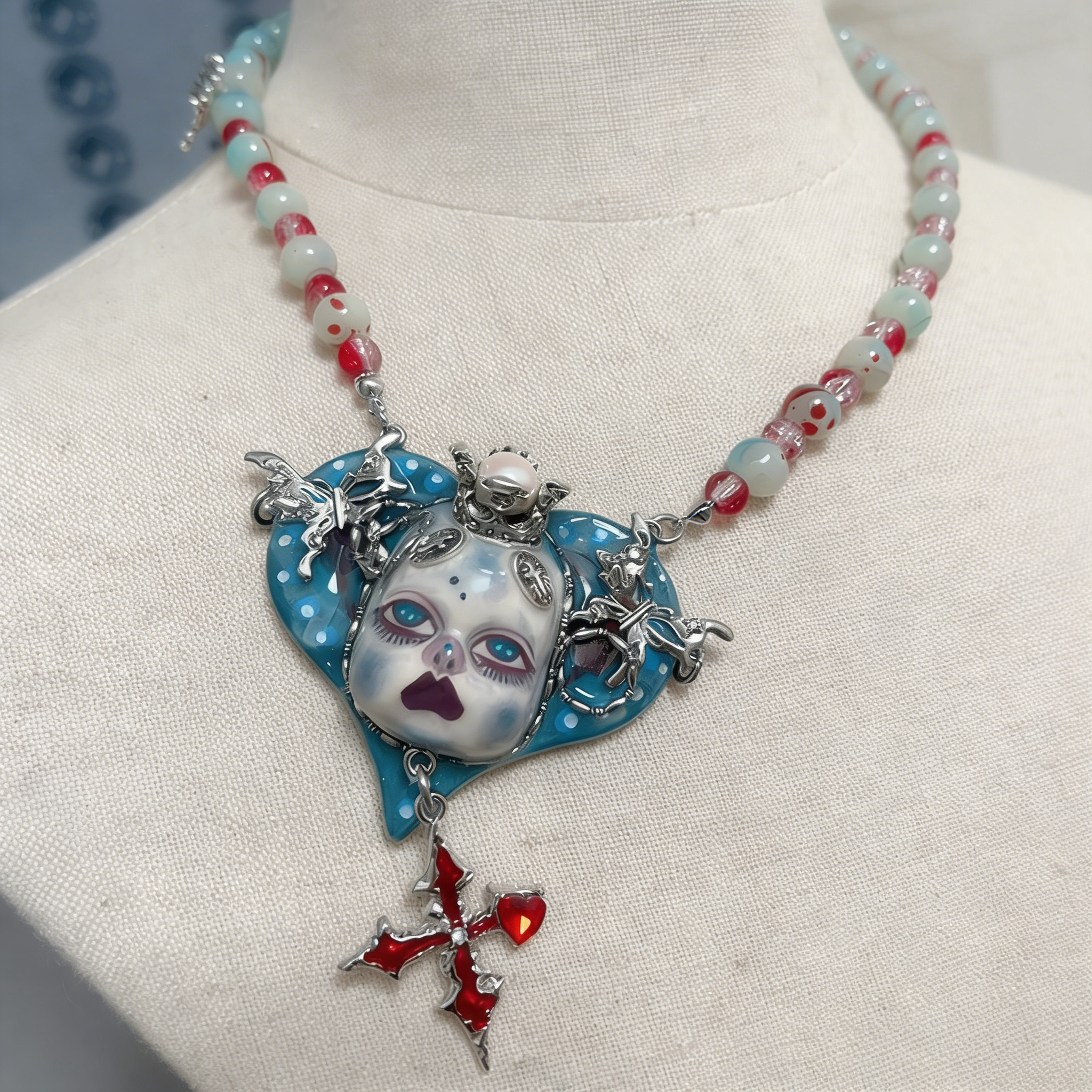 Blue Heart Puppet Gothic Doll Necklace